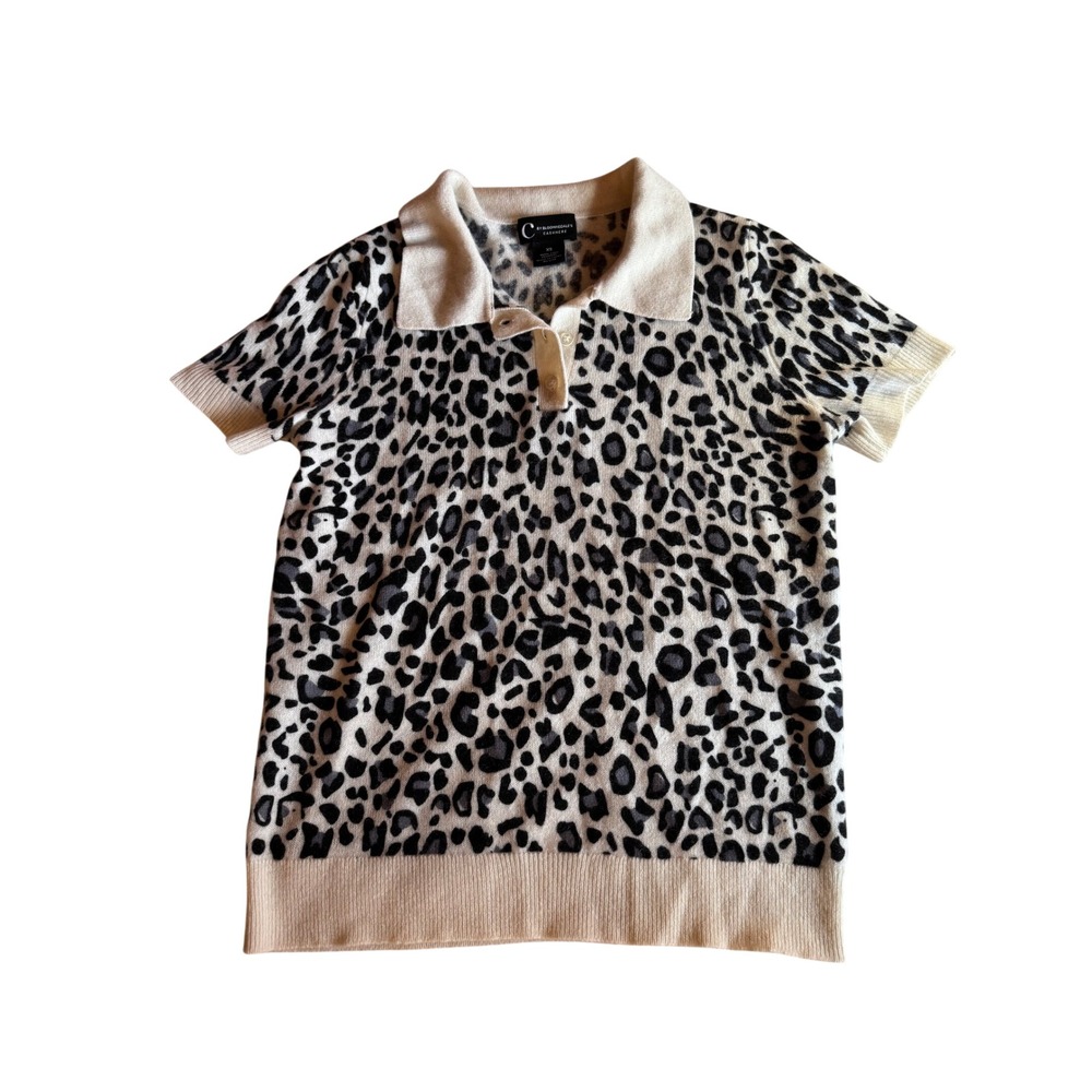 C by Bloomingdale's Cashmere Leopard Print Polo Sweater Short Sleeve XS